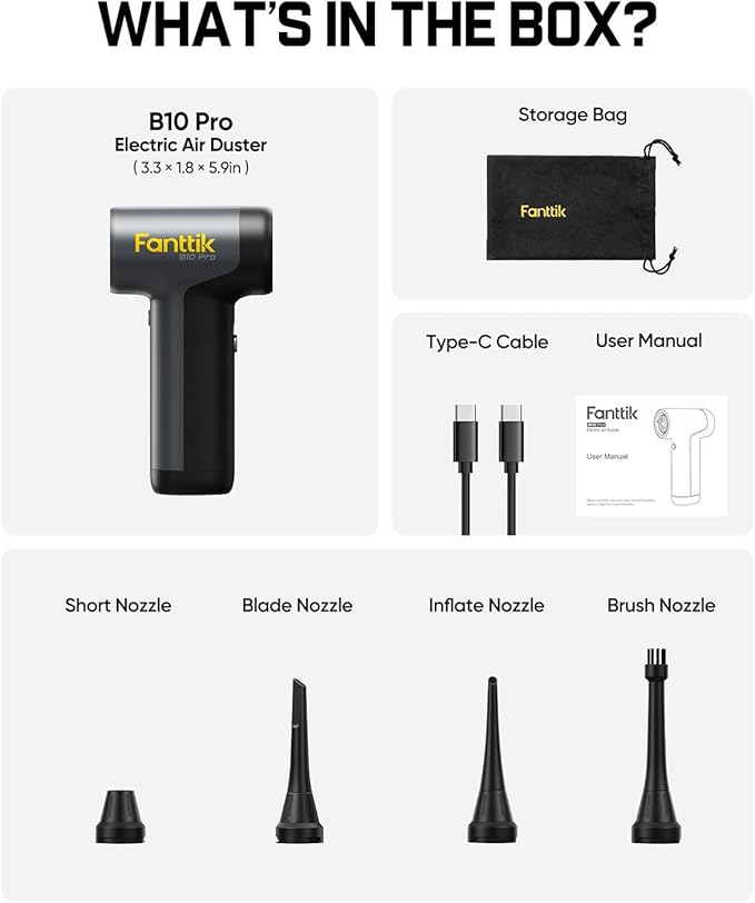 Fanttik B10 Pro Electric Air Duster, 110000RPM Brushless Motor, Compressed Air Duster, Mini Blower with One-tap Booster, 3 Gears Adjustable, Electric Duster for PC, Keyboard, Electronics and Workbench