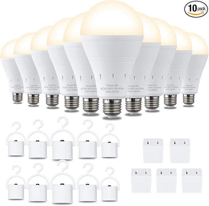 10 Pack Rechargeable Emergency Light Bulbs, Battery Powered Energy Efficient LED Light Bulb 3000K Warm E26 120 Volt 9W 60W Equivalent with 1200mAh for Home Power Outage Camping Hurricane