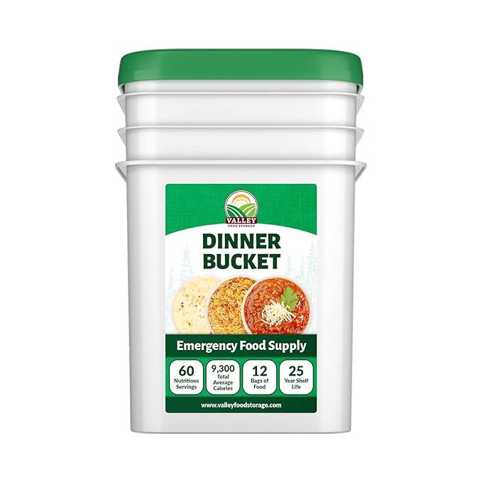 60 Serving Dinner Bucket | Premium Emergency Food Supply | Non-GMO Easy Prep Survival Food 25 Year Shelf Life | Camping Food, Backpacking Meals, Prepper Supplies | Valley Food Storage Packaged in USA