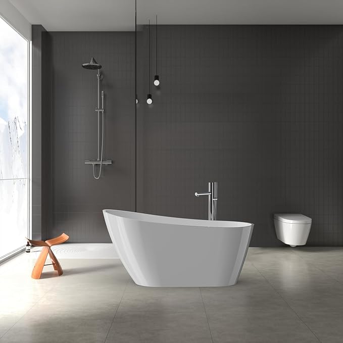 Acrylic Freestanding Bathtub 67 Inch Soaking Tub, Deep White Oval Pearl-Shape, Modern Stand Alone Bathtub with Non-Slip Base, Chrome Overflow & Pop-Up Drain, Easy Assembly, for Bathroom, Home, Spa