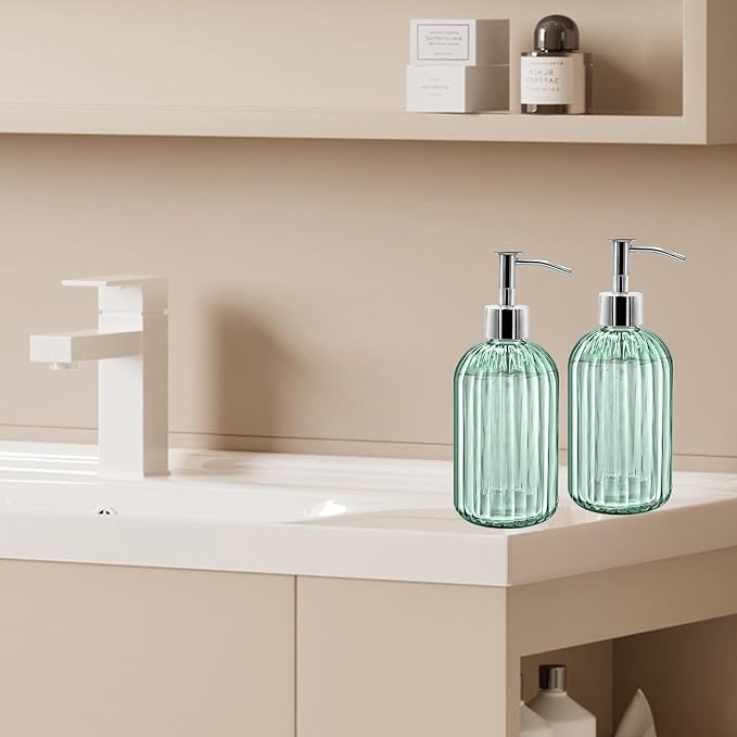 2 Pack Glass Soap Dispenser Bottle with Pump, 14 Oz Refillable Liquid Hand Jar Dispenser for Bathroom, Countertop, Kitchen, Laundry Room (Light Green)