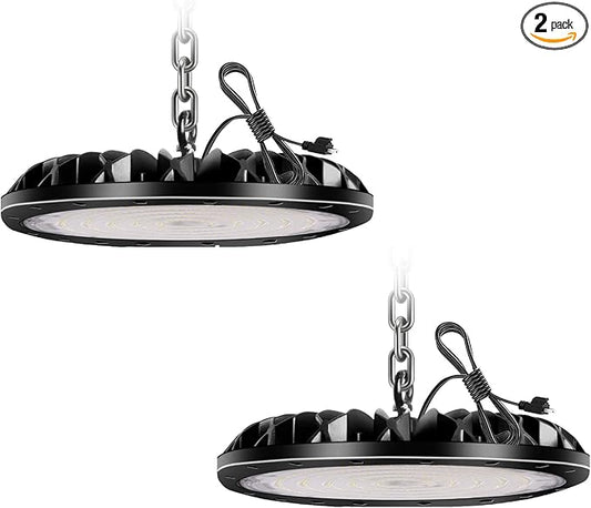2 Pack LED High Bay Light 100W, 10000LM Bright UFO Shop Light with 4ft 110V Plug Cable, 6000K Bay Lighting IP65 Waterproof for Barn/Garage/Commercial Warehouse/Wet Location
