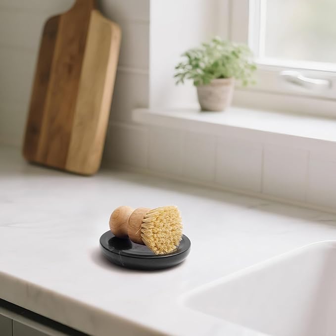 WORHE Marble Soap Dish Italy Natural Stone Sponge Holder for Bathroom Tub Shower Kitchen Sink, Handcraft Round Soap Case Organizer Trinket Plate Jewelry Tray Coaster for Home Decor Black (DL007)