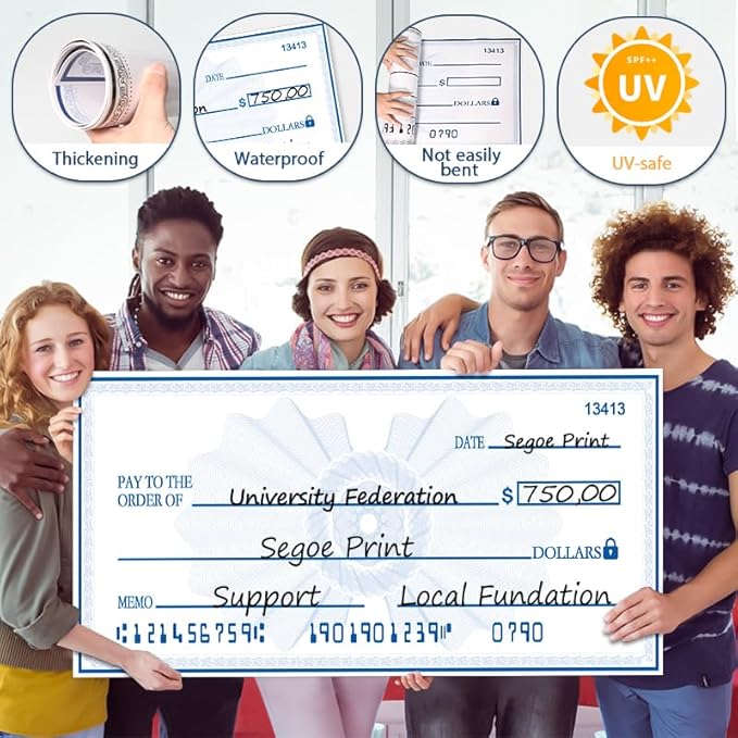 Big Check Giant Check 40x16 Inch Double-Sided Reusable Award Supply | Dual-Color Dry Erase Board for Corporate Events & Fundraisers (Black/Blue) with 2 Markers & Guide