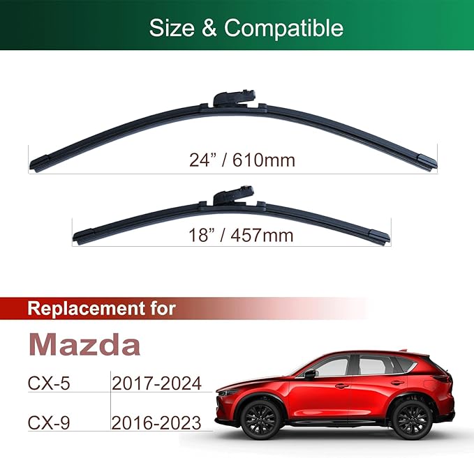 24" + 18" Windshield Wiper Blades Set for Mazda CX5 CX9 CX-5 CX-9 2017 2018 2019 2020 2021 2022 2023 2024 2025 - OEM Quality, Top Lock Design, All season (Set of 2)