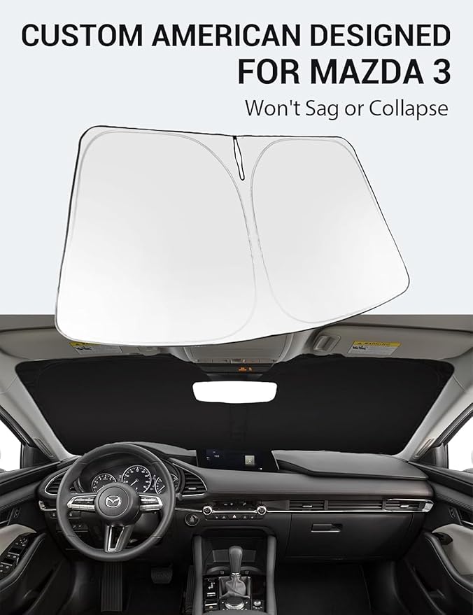 Proadsy 2025 Upgrade Windshield Sun Shade Custom Fit Mazda 3 2019-2023 2024 2025 Mazda3 Hatchback/Sedan Front Sunshade Protector Foldable Sun Visor Blocks UV Rays Keep Car Cooler