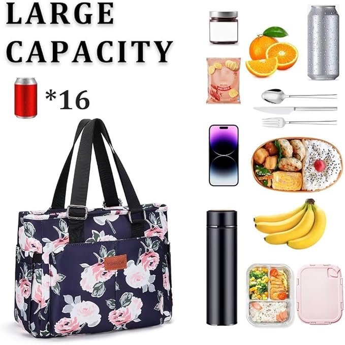Large Peony Women's Lunch Bag, Insulated Aluminum Lunch Box with Side Pockets, Adjustable Carrying Options, Reusable and Easy to Clean