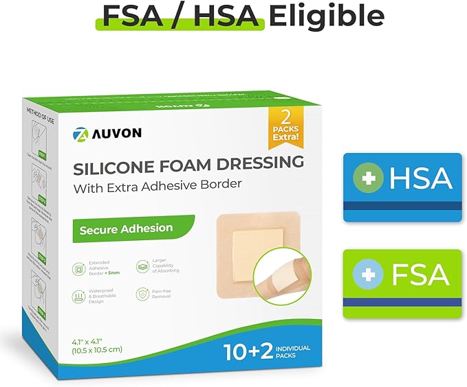 AUVON Silicone Foam Dressing with Large Adhesive Border, 4" x 4" 12 Packs Wound Dressing Bandage with High Absorbency, Waterproof Silicone Foam Pads for Wound Care & Protection Plus Cushioning
