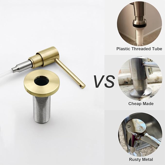 Brushed Gold All Brass Sink Soap Dispenser for Kitchen Sink Deck Mounted with 17 OZ Above The Sink Refillable PET Bottle Brass Pump Head in Counter Dish Soap Dispenser