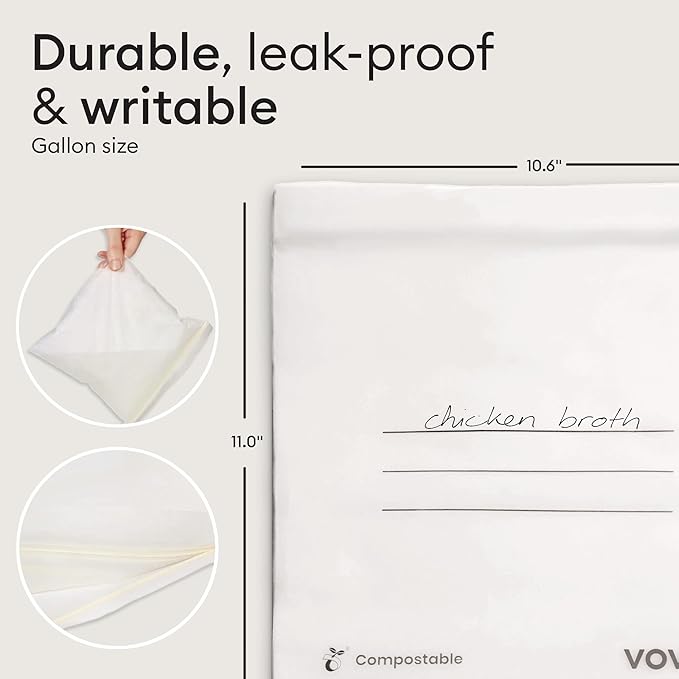 Vove Compostable Gallon Bags, Extra Large 30 Count – Freezer Safe, Leak Proof, Non Toxic Food Storage for Meal Prep & Snacks, Plant-Based Eco Bags