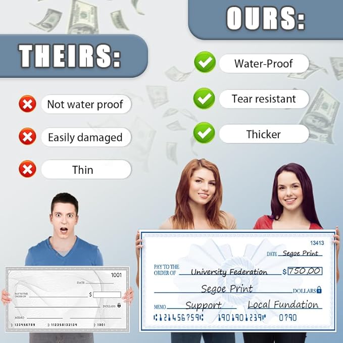 Big Check Giant Check 40x16 Inch Dual-Color Dry Erase Award Chcek | Blue & Black Reusable Ceremonial Plaque for Fundraising & Milestones | Waterproof Laminated Paper