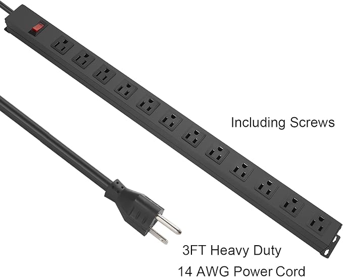 Metal Wall Mount Power Strip, Mountable Power Outlet with 12 AC Outlets, Aluminum Alloy Mount Power Socket with Switch, 3 FT SJT 3/C 14AWG Power Cord, 15A 125V 1875W (12AC)