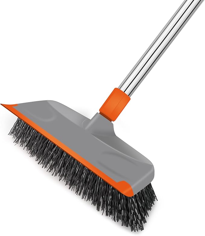 BITOPE Deck Scrub Brush with Long Handle, Heavy Duty Floor Scrubber with Stiff Bristles,Garage Concrete Cleaner Tool for Cleaning Tile Patio Outdoor Porch Indoor Kitchen Shower Bathroom