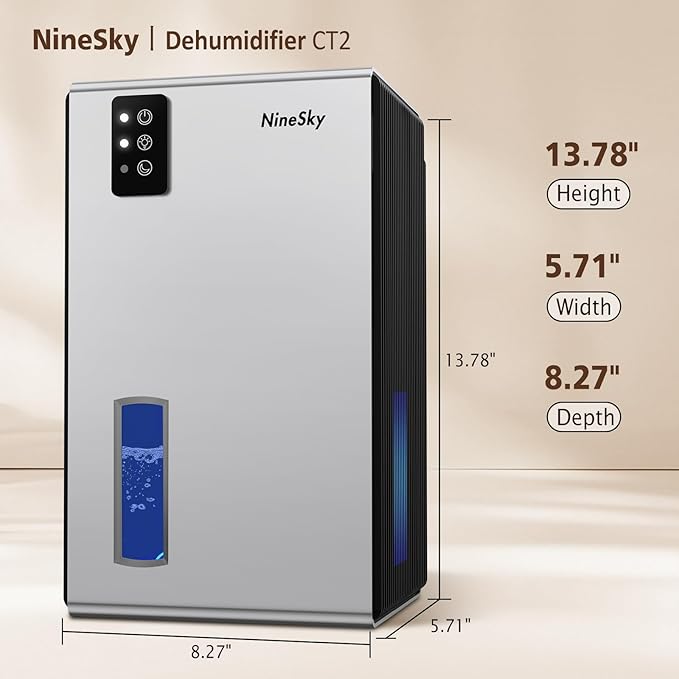 NineSky Dehumidifiers for Home, 95 OZ Water Tank, (1000 sq.ft) Dehumidifiers for Bathroom Bedroom Basement with Auto Shut Off,7 Colors LED Light(Silver)