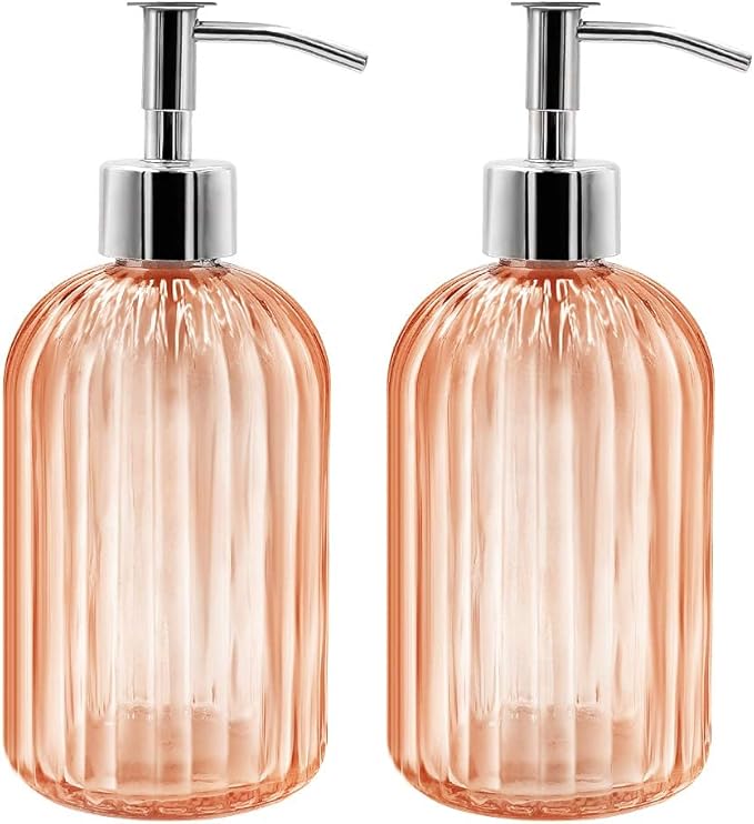 Pack of 2 Glass Soap Dispenser with Pump, 400 ml Liquid Soap Dispenser for Washing Up Liquid, Shampoo and Lotion, Refillable Soap Dispenser for Kitchen, Bathroom, Laundry Room (Amber)