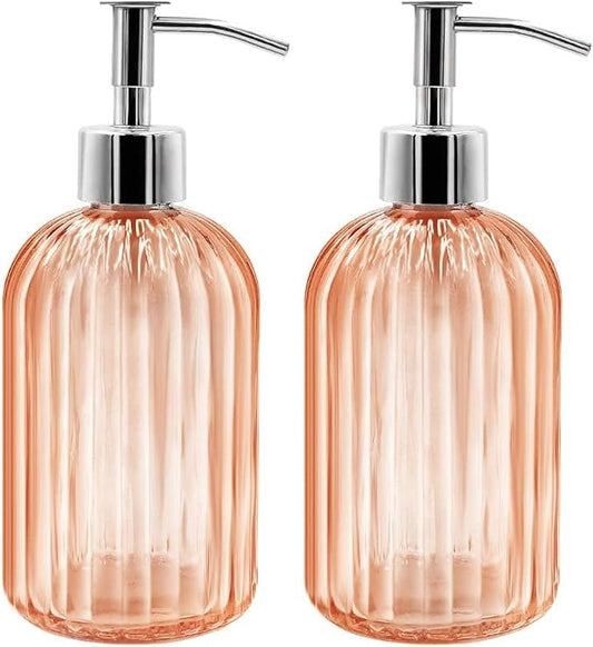 Pack of 2 Glass Soap Dispenser with Pump, 400 ml Liquid Soap Dispenser for Washing Up Liquid, Shampoo and Lotion, Refillable Soap Dispenser for Kitchen, Bathroom, Laundry Room (Amber)