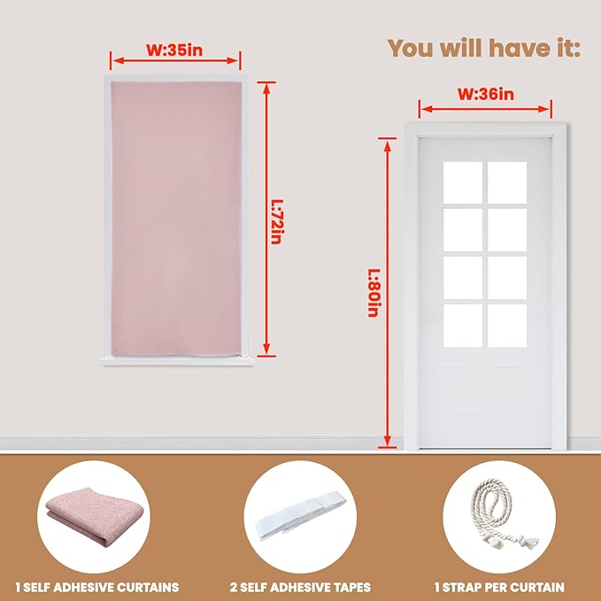 JILROIN Self Adhesive Curtains,100% Blackout Window Cover,No Drilling,Easy to Install,Provides Privacy Protection for Bedrooms (Light Pink - W35 × L72 in)