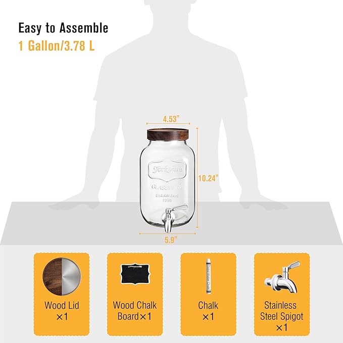 Mustry Glass Drink Dispenser for Parties, 1 Gallon Beverage Dispenser with Spigot Solid Stainless Steel, Used as Lemonade Dispenser Sun Tea Jar Kombucha Jar