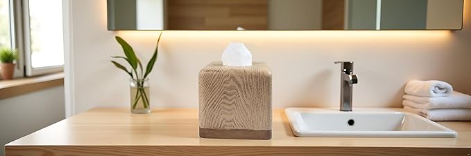 Hymmah Wooden Texture Square Tissue Box Cover Cube Tissue Holder Unique Design Klenex Box Dispenser for Bathroom Vanity Counter Tops Also Great for Bedrooms and Living Rooms