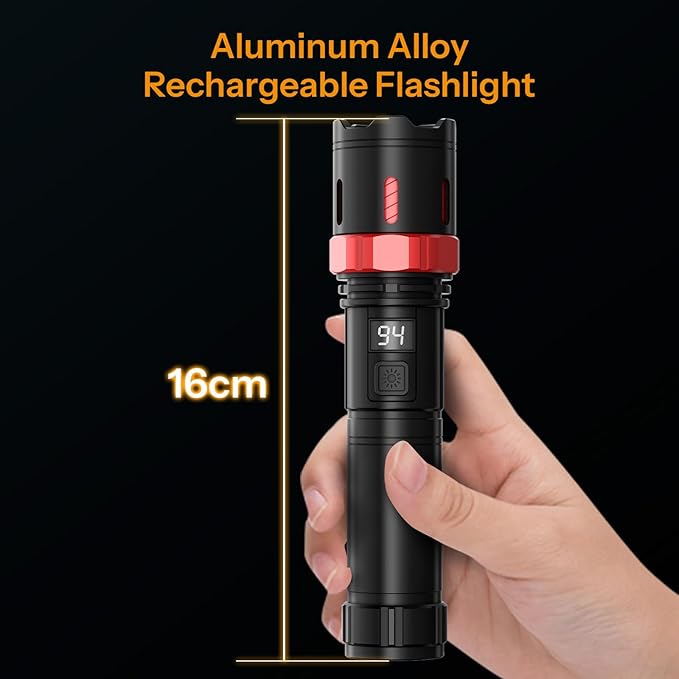 Rechrgeable EDC Flashlight, 99000 High Lumens Super Bright Flashlight, 5 Mode Flash Light with LED Display, Waterproof Powerful Handheld Light for Camping Hiking Emergency Home, 2pack