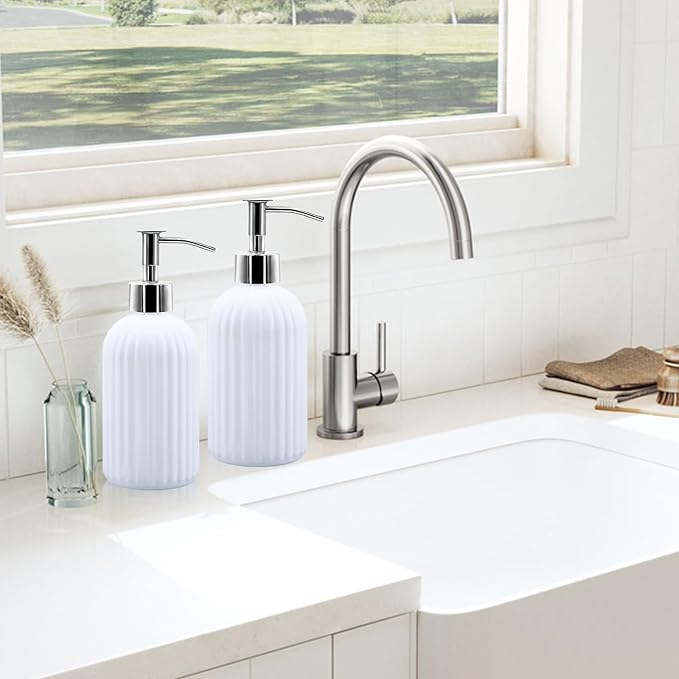 2 Pack Glass Soap Dispenser Bottle with Pump, 14 Oz Refillable Liquid Hand Jar Dispenser for Bathroom, Countertop, Kitchen, Laundry Room (White)