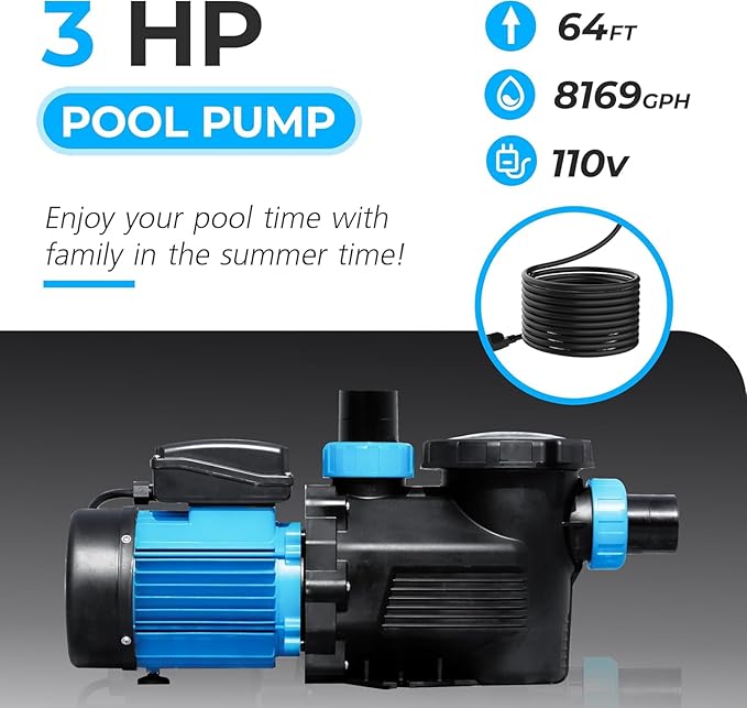 In/Above Ground Pool Pump, High Flow Powerful Self Priming Pool Pump with Timer,3 HP 8169 GPH 110V