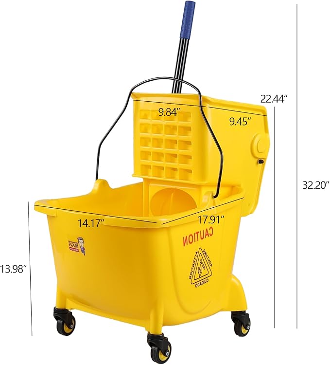 Mop Bucket with Side Press Wringer on Wheels, 24 L Side-Press Mop Bucket, Yellow