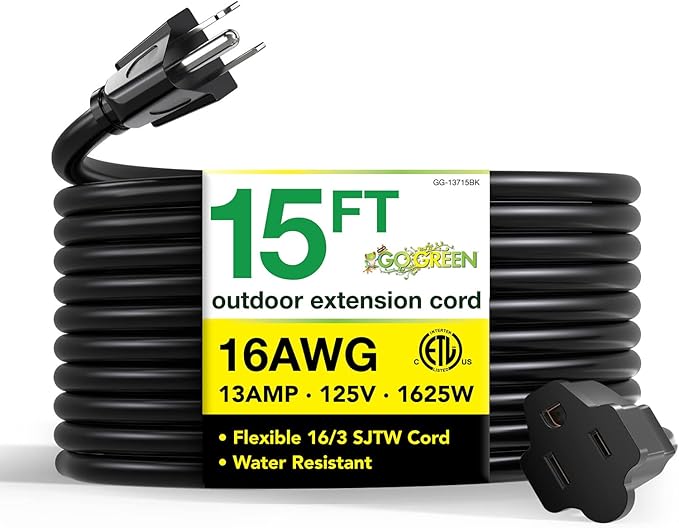Go Green Power Inc. (GG-13715BK) 16/3 SJTW Outdoor Extension Cord, Black, 15 ft