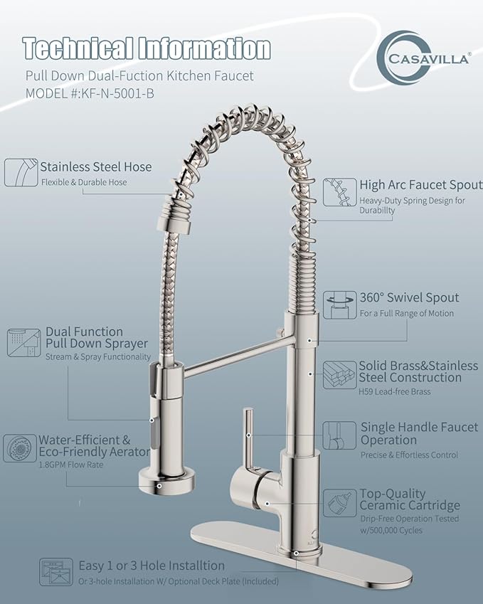 Kitchen Faucet Set, Commercial Kitchen Sink Faucets with Pull Down Sprayer and Soap Dispenser, Stainless Steel Faucets for Kitchen Sinks, Single Handle Spring Faucet with Deck Plate