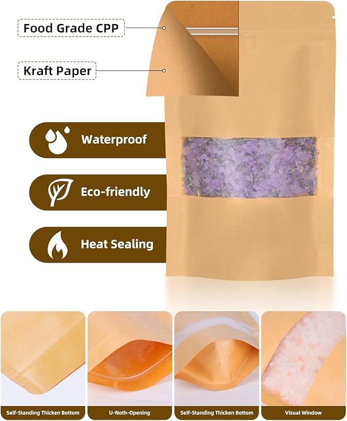 50pcs Kraft Bags with Window 4.7x7.8 Inches Brown Reusable Sealable Zip Lock Food Storage Stand up Paper Pouches for Home or Business