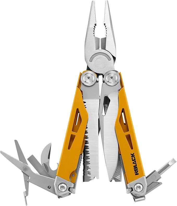 RBLACK Longeron21 Multitool, 21-in-1 Multi Tool Pliers with Safety Locking and Spring-Action Scissors, Heavy-duty Stainless Steel Multi-tool Set for Work, Home, Garden, DIY & Auto, Maple Yellow