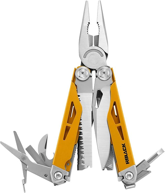 RBLACK Longeron21 Multitool, 21-in-1 Multi Tool Pliers with Safety Locking and Spring-Action Scissors, Heavy-duty Stainless Steel Multi-tool Set for Work, Home, Garden, DIY & Auto, Maple Yellow