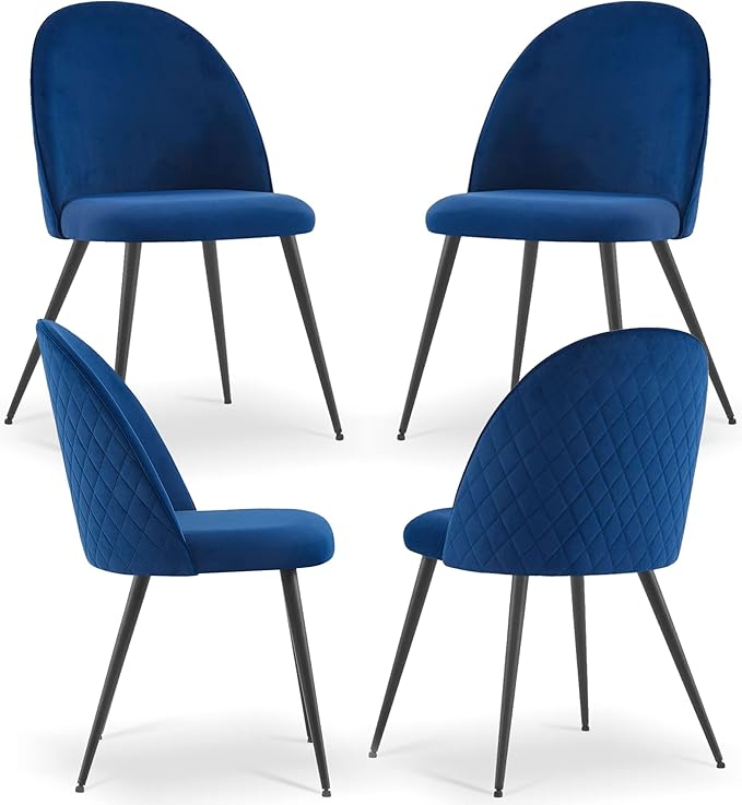 Dining Chair Set of 4 - Simple Design, Comfortable Velvet Upholstered Chairs with Stainless Metal Legs for Dining Table and Living Room, Navy Blue