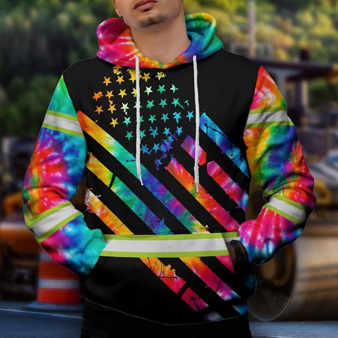 Color US Flag High Visibility Hoodie for Men Women Reflective Tapes Safety Workwear for Worker Runner Patriotic