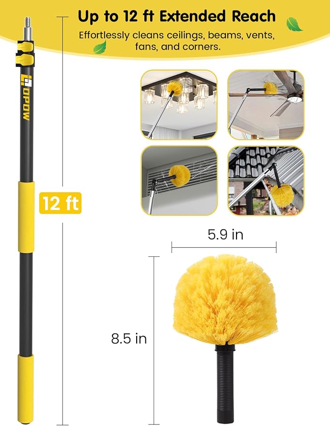 5-to-12 Foot Cobweb Duster with Extension Pole, Opow 20 Ft High Reach and 2 Replaceable Cleaning Washable Spider Web Brush Heads and Universal Joint Angle Adaptor Heavy Duty for Indoor & Outdoor Use