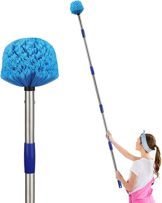 Cobweb Duster with Extension Pole, 6FT Adjustable Stainless Steel Handle & 360° Flexible Duster Head, Lightweight Washable Web Brush for High Ceiling - Indoor Outdoor Use
