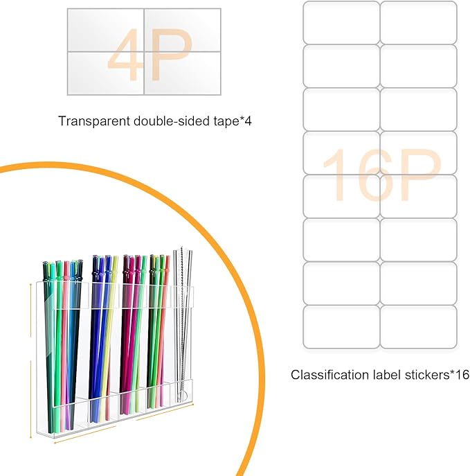 Straw Holder Acrylic for Cabinet Reusable Organizer Dispenser 5-Grid Straw Rack Comes with 8 Double-Sided Tapes and 15 Classification Label Stickers (Transparent)