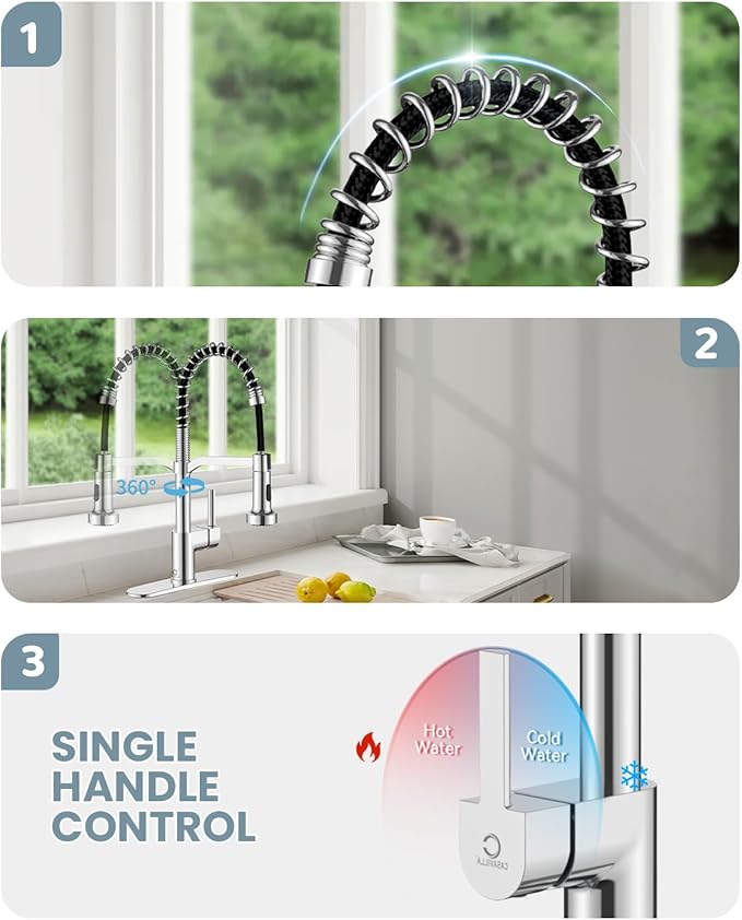 Chrome Kitchen Faucet with Soap Dispenser, Faucet for Kitchen Sink, Kitchen Sink Faucet with Deck Plate, RV Kitchen Faucet with Pull Down Sprayer and Dual Function Spray Head