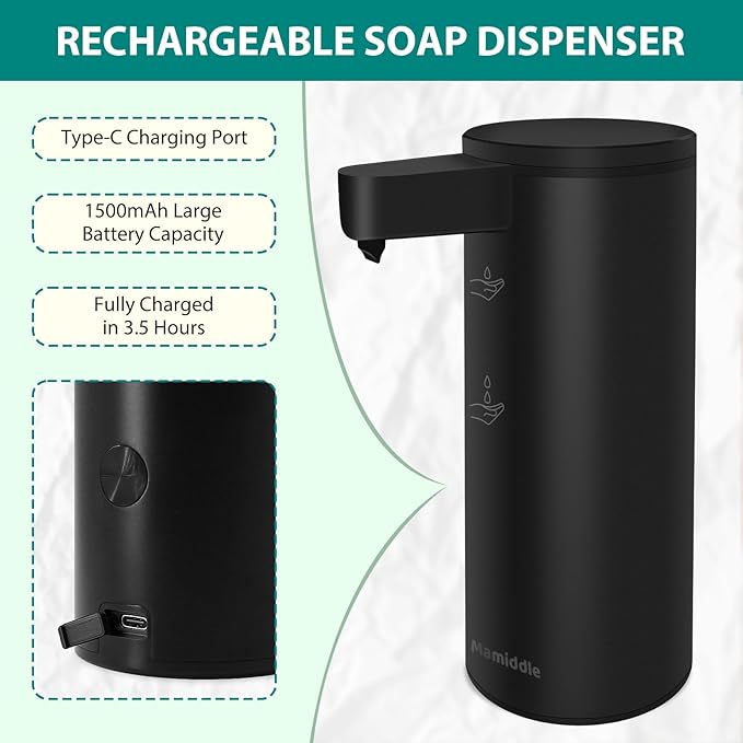 Automatic Soap Dispenser Stainless Steel with Sensor Infrared Soap Dispenser Electric IPX5 Waterproof USB-C Charging Motion Sensor for Kitchen & Bathroom (Black)