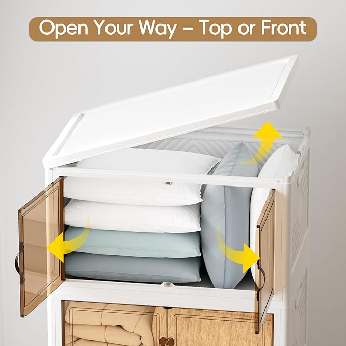 JEKO&JEKO 140Qt Stackable Storage Bins with Lids and Wheels, Foldable Collapsible Plastic Drawer Boxes for Clothes, Home, White, 4 Pack