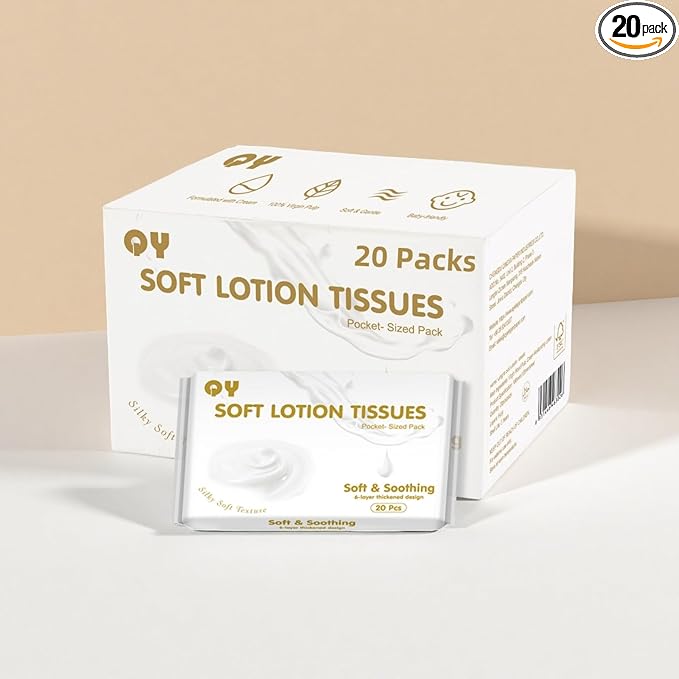 Facial Tissues with Lotion, 20-Pack Ultra Soft 6-Ply,Travel Size Multipack Pocket Tissue, Hypoallergenic for Sensitive Skin and Babies, On-The-Go for Car, Purse, Office (20 Count-Pack of 20)