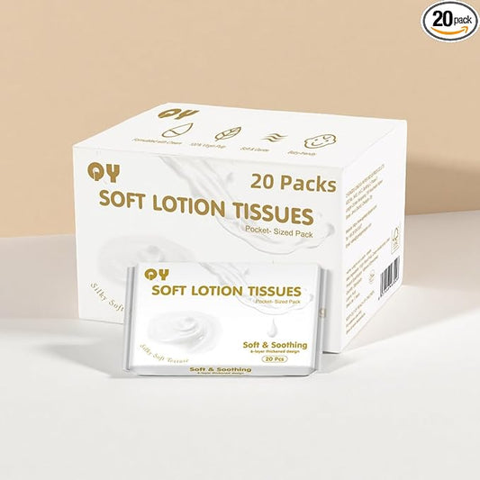 Facial Tissues with Lotion, 20-Pack Ultra Soft 6-Ply,Travel Size Multipack Pocket Tissue, Hypoallergenic for Sensitive Skin and Babies, On-The-Go for Car, Purse, Office (20 Count-Pack of 20)