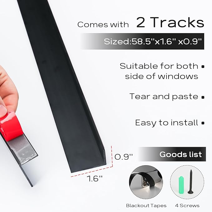 100% Blackout PVC Light Blocking Strip for Window Shades and Blinds Both Sides Tracks for Blackout Shades Easy to Install for BedroomGreat for Bedroom Nursery (L-Shaped Black-2pcs, 58.5")