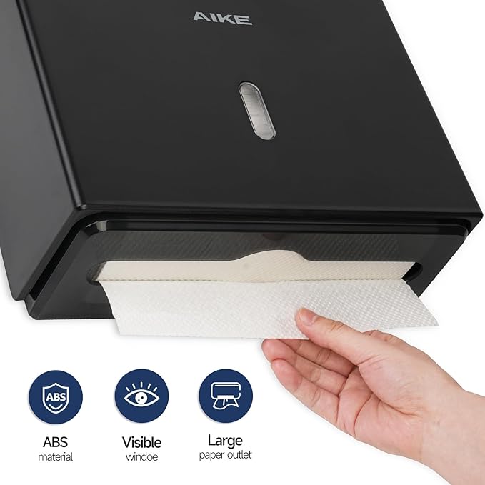 AIKE 200 Sheets Wall Mount Paper Towel Dispenser with Clear Window.Fit Multifold Paper Size 10"x3.1" or Smaller,Black Finish