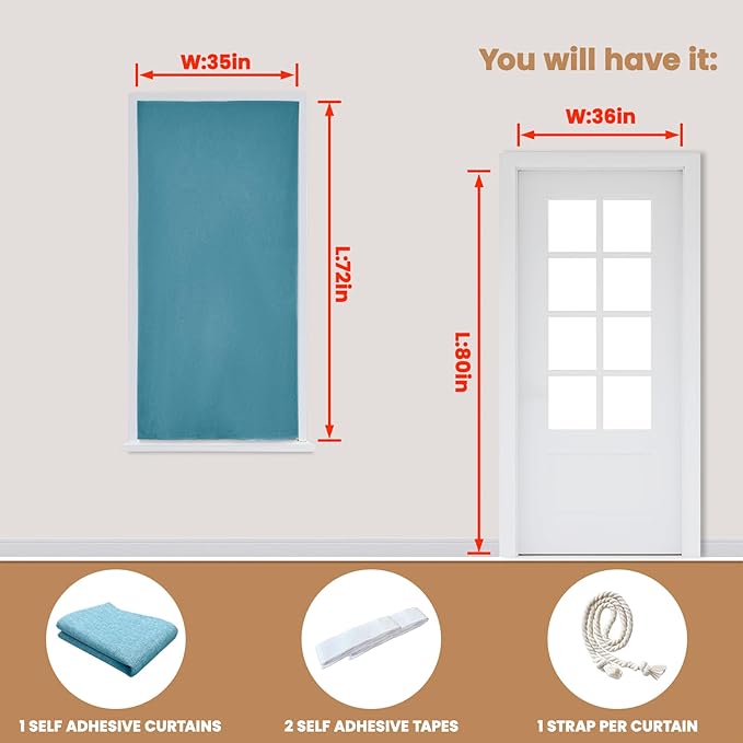 100% Blackout Curtain,Adhesive Curtain,Black Out Window Cover No Drilling Travel Kit,Perfect for Media Rooms, Dormitories and Renters (Stone Blue - W35 × L72 in)