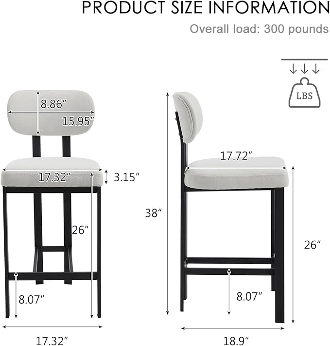 Modern Counter Stools Set of 6, 26" Upholstered Barstools with Back, Sturdy Black Metal Legs Dining Stools with Footrest for Home Pub Kitchen, Cream