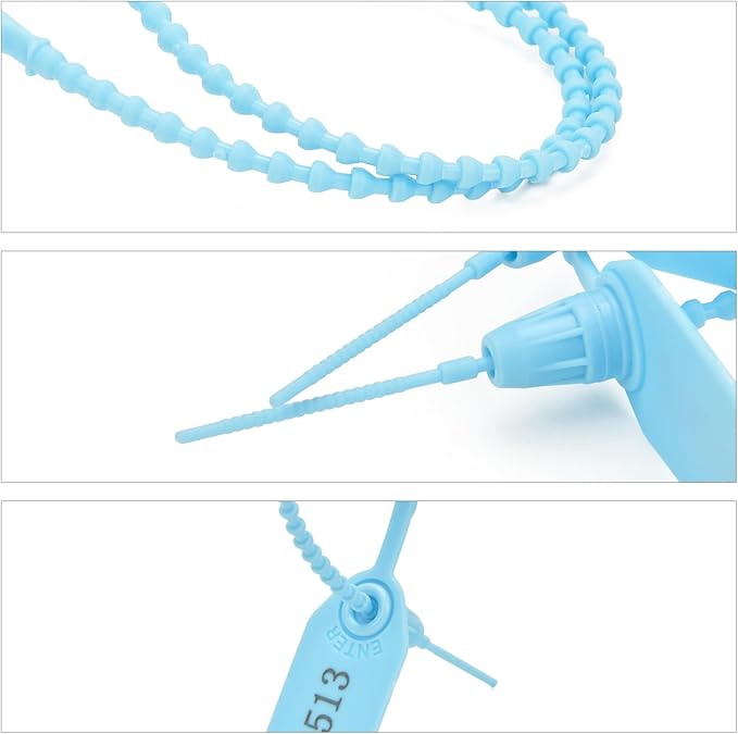 200pcs Plastic Security Tamper Seals Shipping Tags Disposable Signage Numbered Pull Tight Padlock Safety Self-Locking Seal Ties Tag, Light Blue