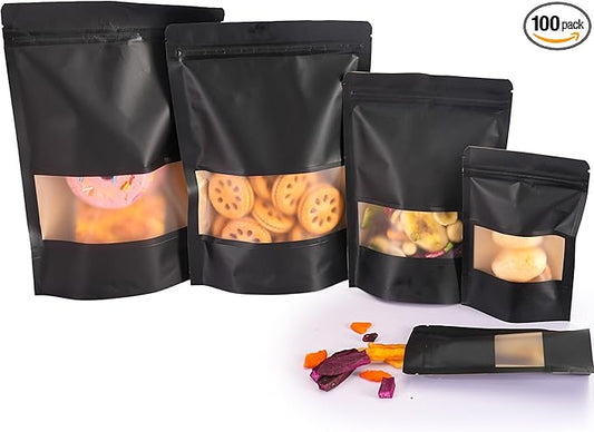 100 Pcs Black Kraft Paper Bags with Window, 3.5" x 5.5" Stand Up Pouches Bags, Zip Lock Food Storage Bags for Packaging Products, Reusable, Sealable