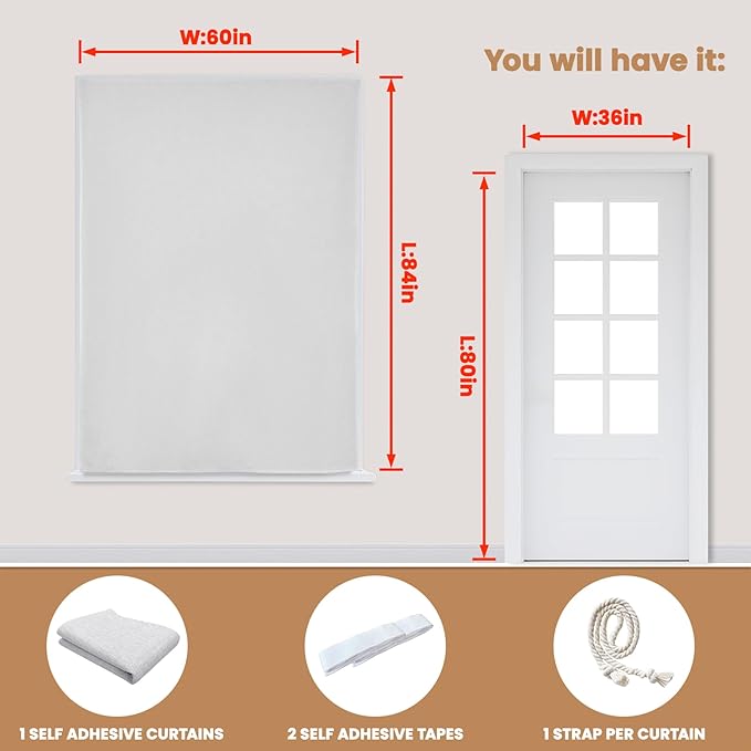 Adhesive Curtain,100% Blackout Shades,No Rod,Easy to Install,Provides Privacy Protection for Bedrooms (Grayish White - W60 × L84 in)