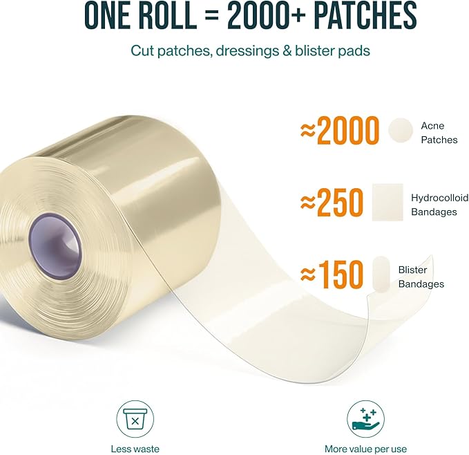 Hydrocolloid Roll for Wound Care, Hydrocolloid Patch Bandages with Self-Adhesive, Bed Sore Bandages, Highly Absorbent for Burn, Blister, Acne Care, Sterile and Waterproof (2in x 12ft)